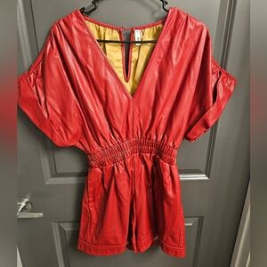Red Faux Leather V-Neck Romper
